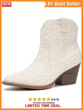 Rhinestone Sparkly Ankle Boots Pointed Toe Chunky Heel Side Zipper